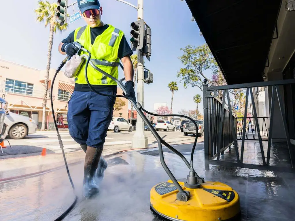 A worker pressure washing a sidewalk with a surface cleaner