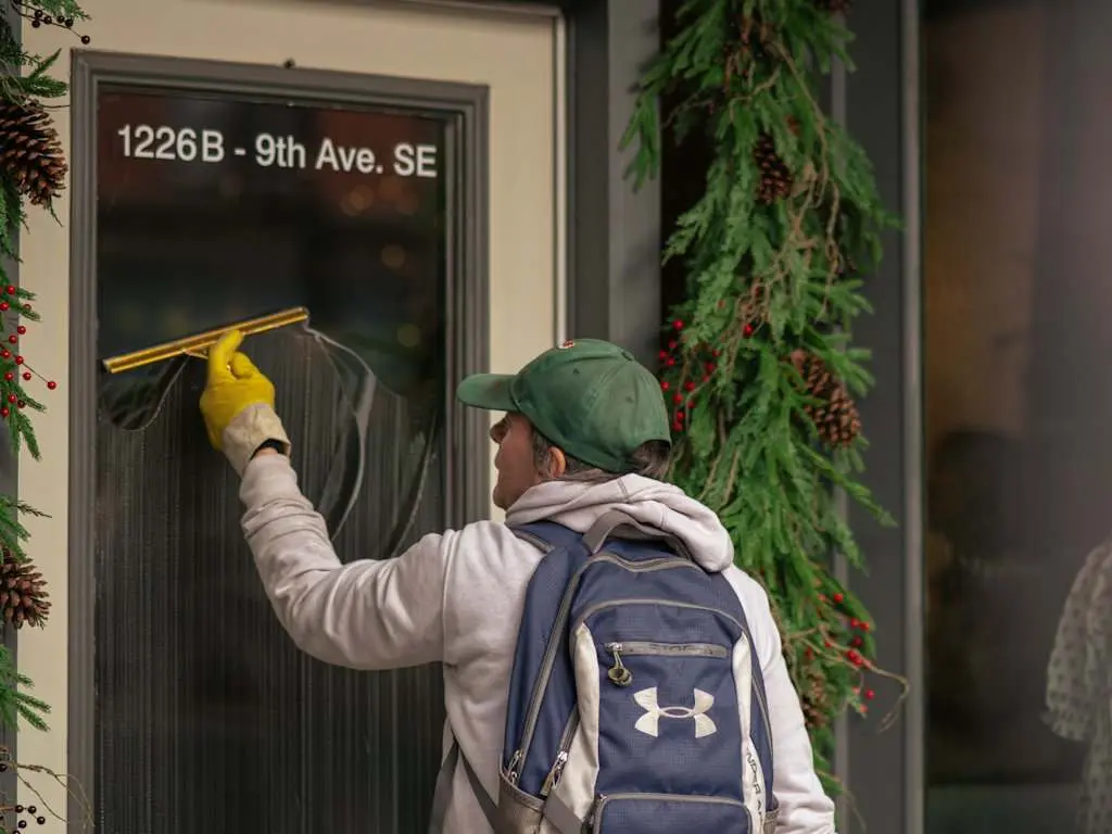 A window cleaner with a squeegee at a storefront door