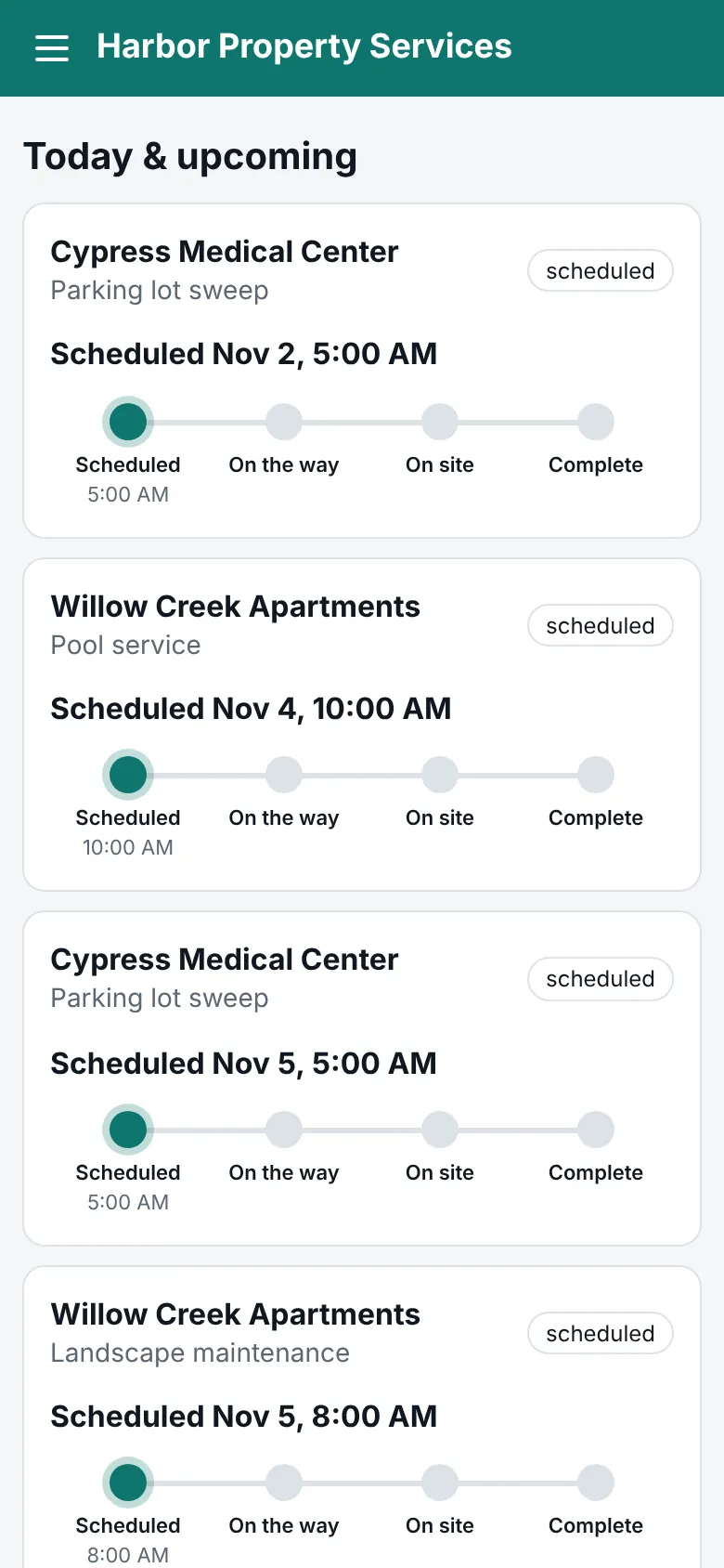 A customer's portal with upcoming visits at their properties